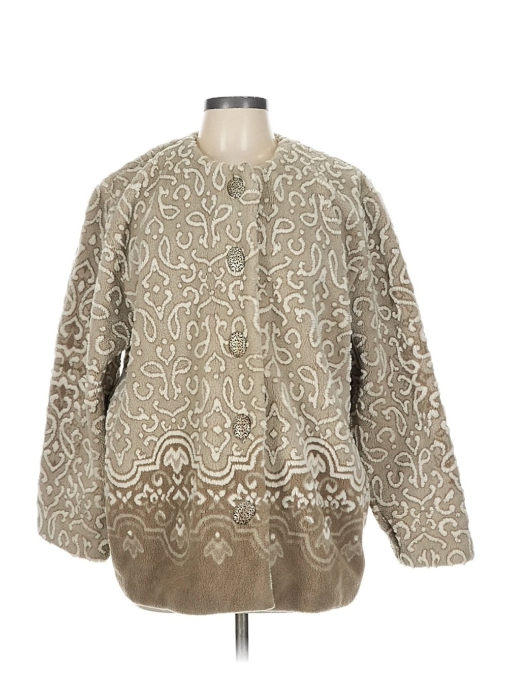 Norm Thompson Taupe & Cream Patterned Fuzzy Coat